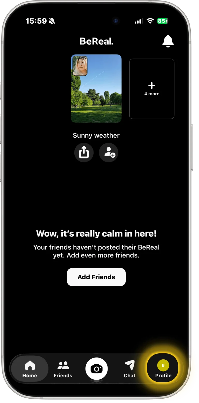 BeReal home screen — tap profile picture